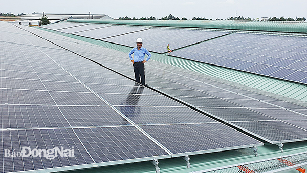 Công trình điện mặt trời mái nhà trên mái nhà xưởng tại Khu công nghiệp Tam Phước (TP.Biên Hòa). Ảnh: B.Mai