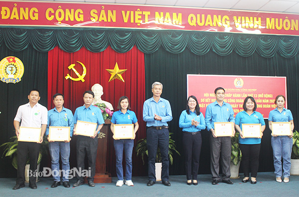 Đại diện Liên đoàn Lao động tỉnh trao kỷ niệm chương của Tổng Liên đoàn Lao động Việt Nam cho các cán bộ Công đoàn tiêu biểu thuộc Công đoàn Khu công nghiệp Biên Hòa. Ảnh: Nguyễn Hòa