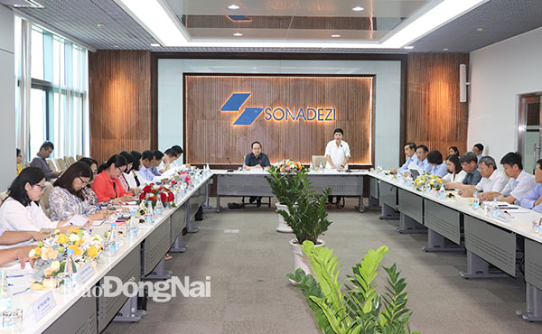 Bà Đỗ Thị Thu Hằng, Chủ tịch HĐQT Tổng công ty Sonadezi báo cáo khó khăn vướng mắc của Tổng công ty. Ảnh: Hương Giang