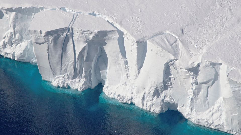 An aerial view of the 200-foot-tall (60-meter-tall) front of the Getz Ice Shelf with cracks, in Antarctica, in this undated handout image.