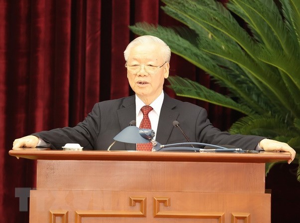 Sáng 9-10, Tổng Bí thư Nguyễn Phú Trọng phát biểu bế mạc Hội nghị lần thứ sáu Ban Chấp hành Trung ương Đảng khóa XIII. Ảnh: TTXVN