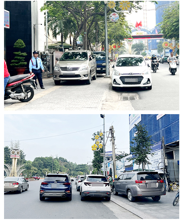 Ô tô đậu tràn lan trên vỉa hè, lòng đường ở đường Hà Huy Giáp (ảnh trái) và đường Hưng Đạo Vương tại TP.Biên Hòa