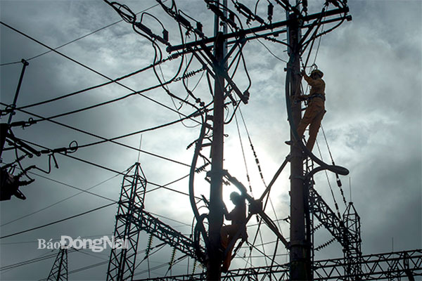 Với đặc thù công việc, công nhân ngành Điện phải được đào tạo, huấn luyện an toàn điện kỹ càng. Mỗi thao tác đều cần thực hiện chính xác, thuần thục để vừa đáp ứng tiến độ công việc, đồng thời phải đảm bảo an toàn. Trong ảnh: Công nhân Điện lực Long Khánh thực hiện bảo dưỡng thiết bị trên đường dây trung thế 22kV